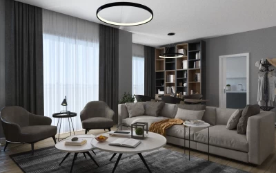 spacious-living-room-designed-modernly-in-shades-of-gray-with-sofa-couches-coffee-tables-and-decorative-library