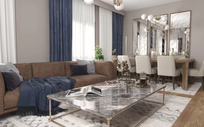 chic-living-room-with-brown-sofa-marble-rectangular-coffee-table-dining-table-blue-and-white-curtains-and-soft-grey-walls