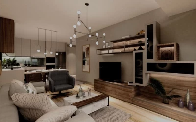 spectacular-living-room-with-wooden-tv-unit-beige-sofa-gray-armchair-square-coffee-table-chic-pendant-lights-and-open-kitchen-behind