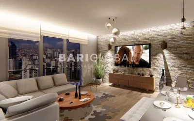 chic-living-room-with-beige-corner-sofa-puzzle-shaped-carpet-tv-unit-on-brick-walls-dining-table-on-right-and-wide-city-view-windows