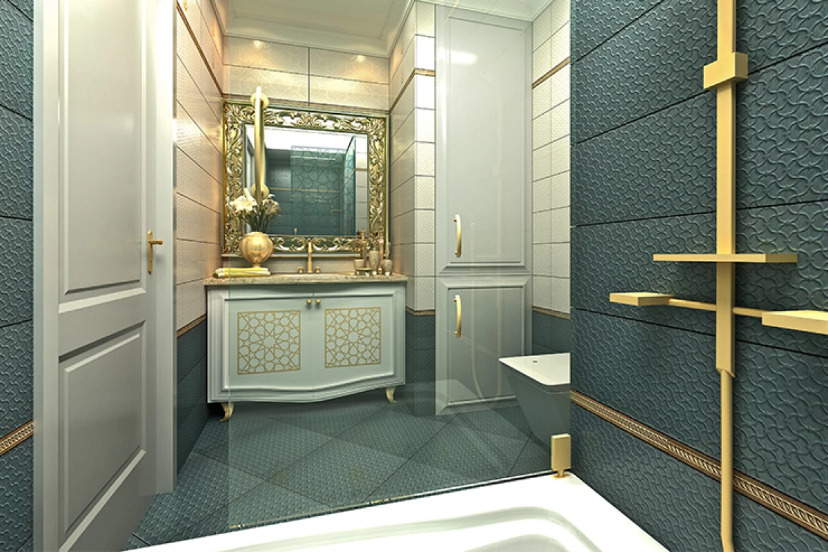 stunning-bathroom-with-gray-and-gold-patterned-walls-white-bath-cabinet-gold-foil-square-mirror-above-and-white-cabinets-on-left