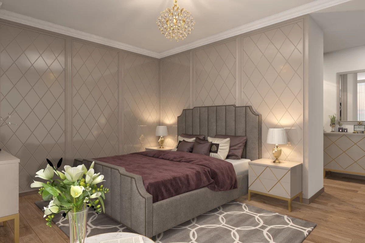 an-avantgarde-bedroom-with-gray-walls-gray-double-size-bed-gray-carpet-and-white-round-table-and-flower-bouquet-on-it
