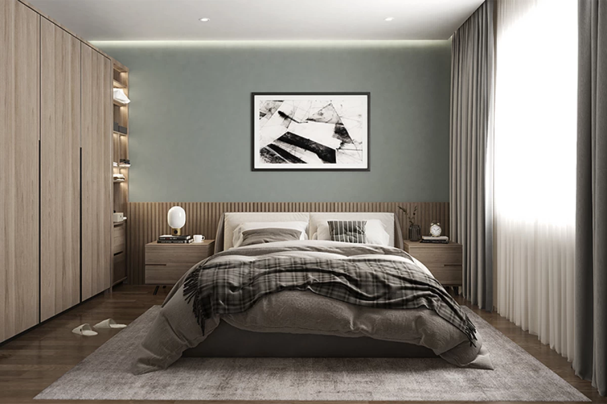 modern-bedroom-with-double-size-bed-gray-walls-wooden-wardrobe-and-bedside-desks-an-art-picture-on-the-gray-walls-slippers-on-the-floor