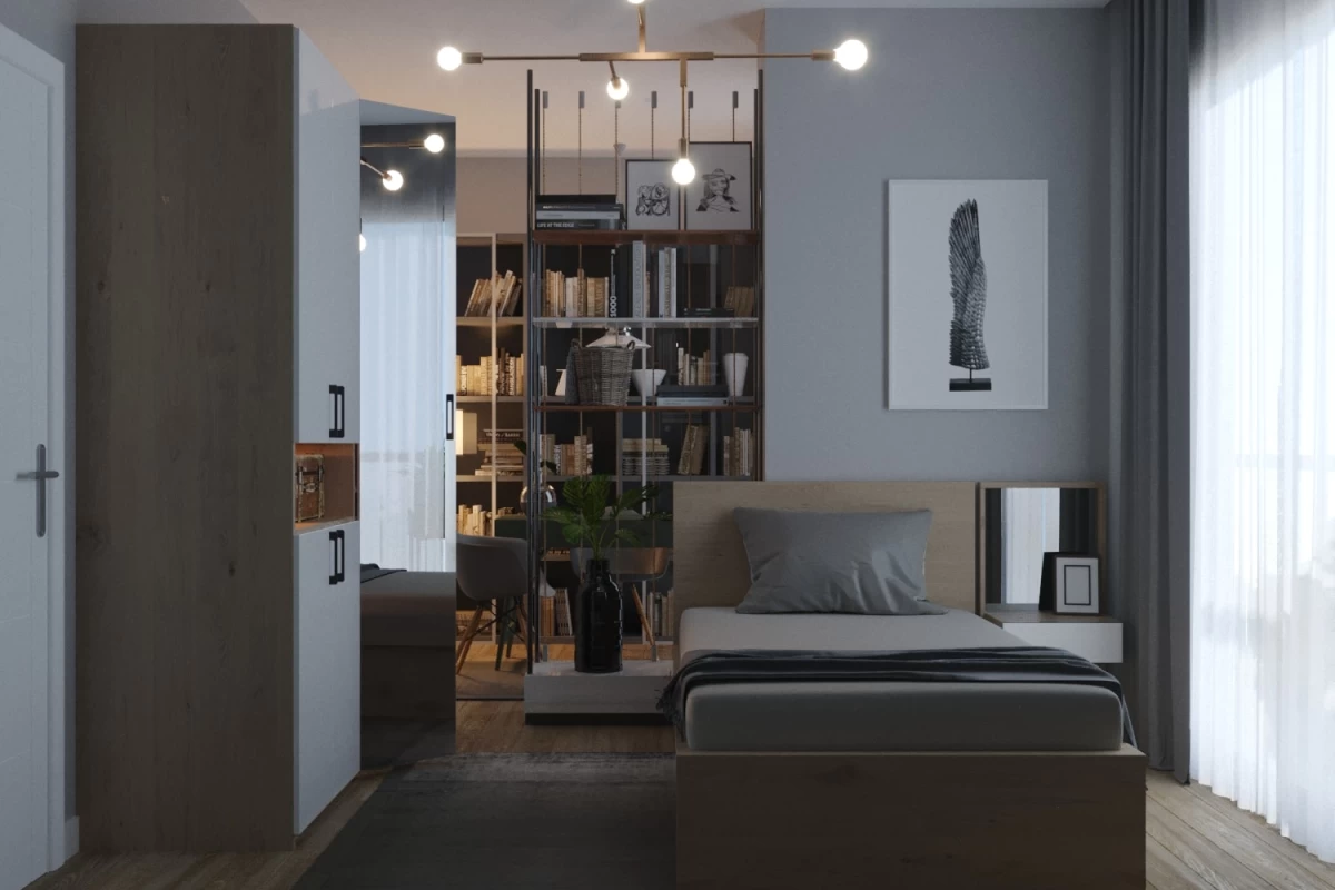 a-modern-and-stylish-bedroom-designed-in-gray-and-dark-shades-with-decorative-objects-bed-and-bedside-desk