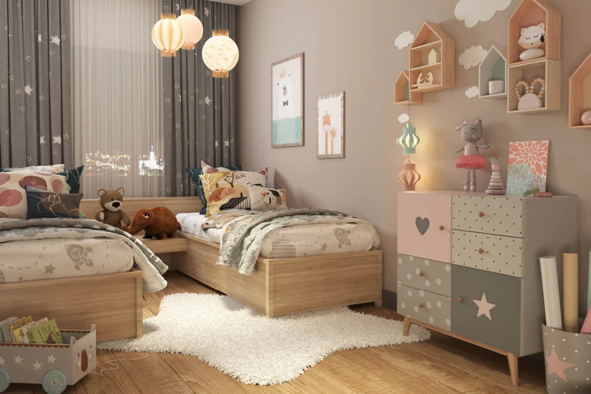 cozy-and-delightful-children-bedroom-designed-in-pastel-colors-with-two-single-beds-a-dresser-decorative-objects-and-colorful-toys