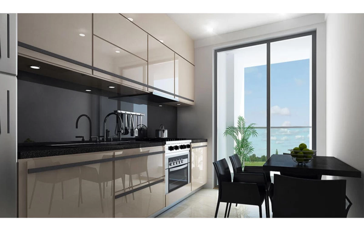 premium-kitchen-furnished-with-mink-kitchen-cabinets-built-in-goods-a-black-table-with-four-black-chairs-on-right-side-in-front-of-window-wall