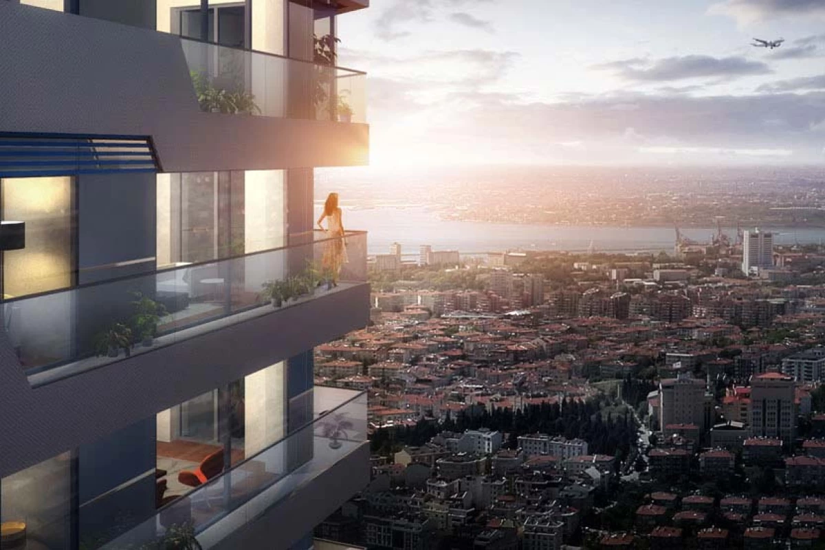exterior-and-side-view-of-the-exclusive-residential-project-having-unique-sea-and-city-view-and-an-enjoying-woman-on-the-balcony