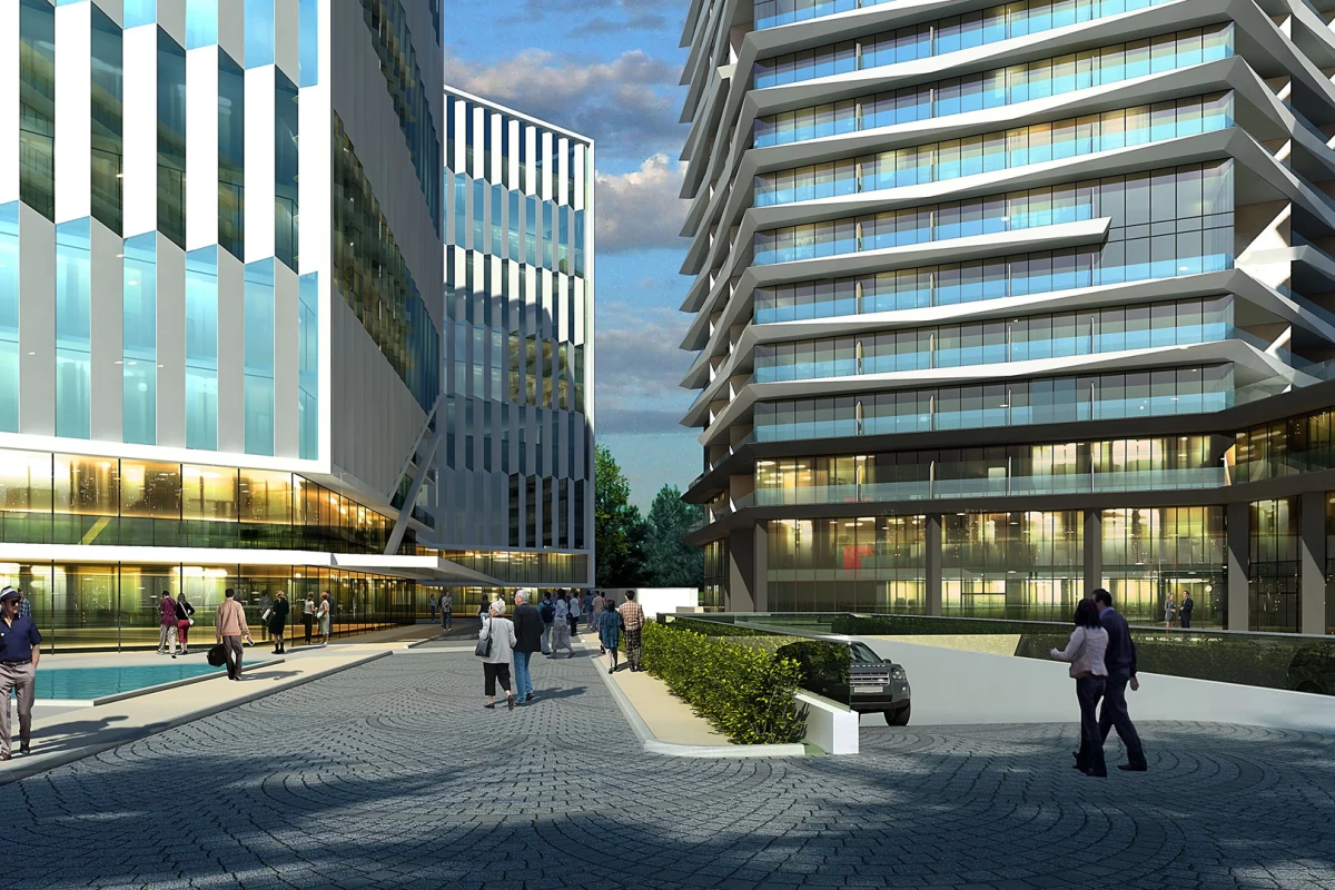 frontal-view-of-the-two-residential-project-buildings-having-a-vertical-design-and-private-garden-where-people-roam