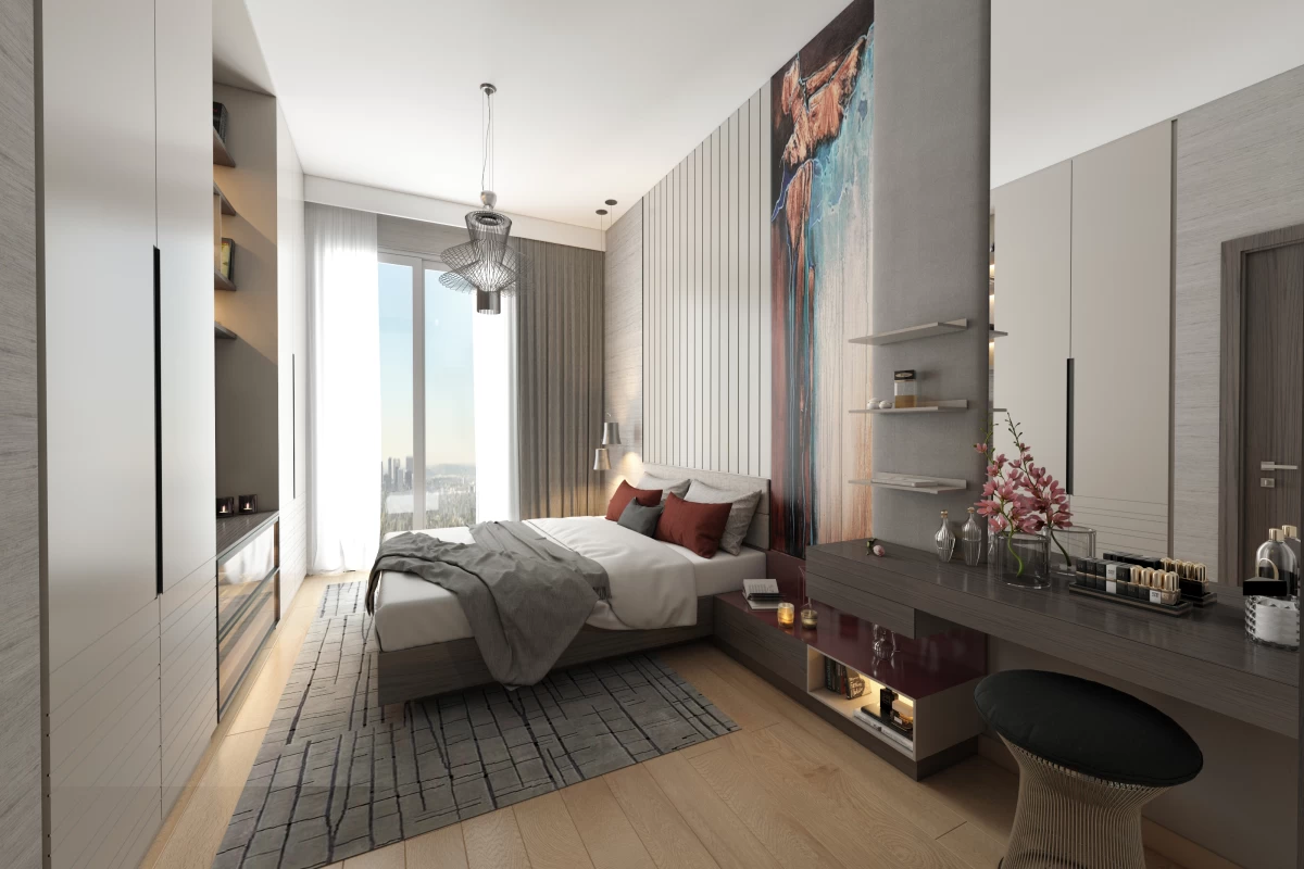 a-geniuine-designed-bedroom-with-a-bed-wardrobe-console-table-pendant-light-decorative-objects-and-a-city-view-window-wall