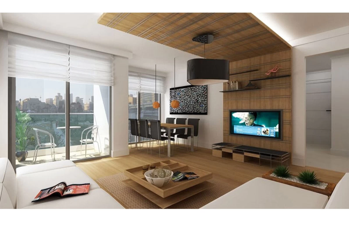 rustic-living-room-with-wooden-television-unit-dining-table-and-coffee-table-brown-pendant-light-white-corner-sofa-and-a-large-balcony