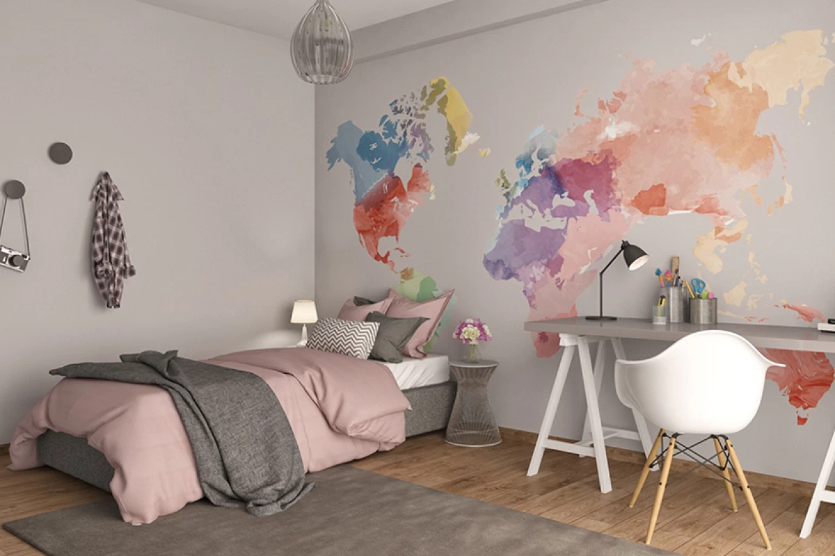 attractive-bedroom-with-white-walls-world-map-sticker-on-wall-pink-and-gray-bed-a-gray-carpet-desk-and-chair-and-items-hung-on-the-wall