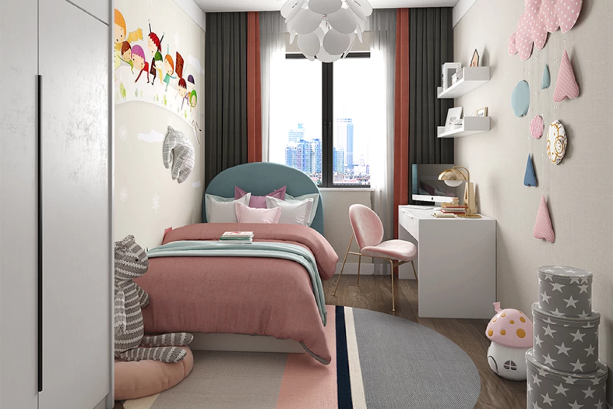 kids-bedroom-with-a-single-pink-bed-a-white-wardrobe-round-carpet-in-pastel-colors-a-chic-pendant-light-and-stickers-on-the-walls