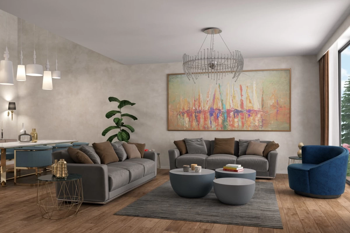 modern-living-room-with-two-gray-sofas-blue-armchair-gray-carpet-and-coffee-tables-art-picture-on-wall-and-dining-area-on-left-side