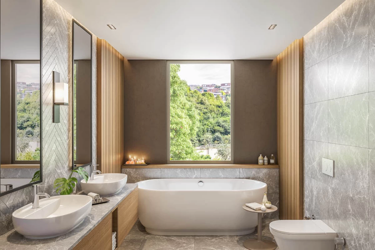 luxurious-and-minimalist-bathroom-design-with-a-bathtub-two-sinks-and-mirrors-with-solid-wood-walls-and-marble-covers