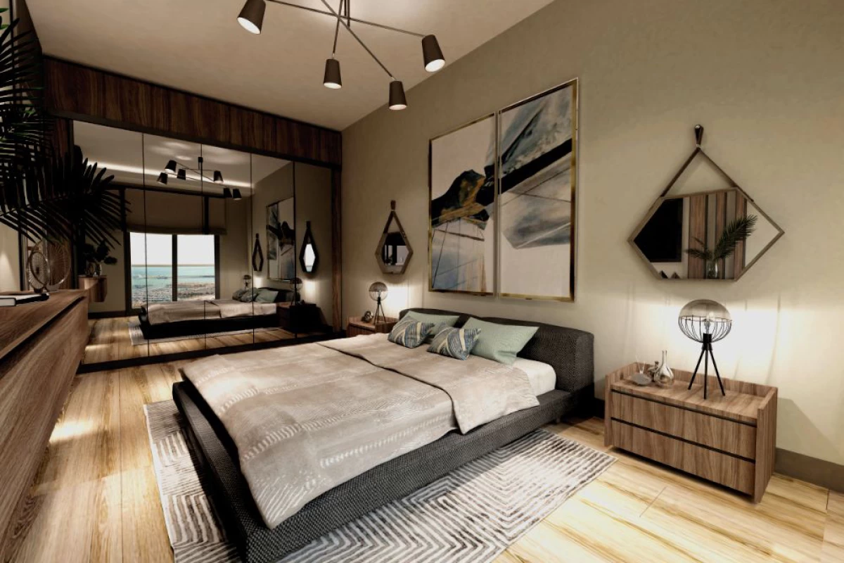 modern-bedroom-with-gray-bed-beige-cover-on-it-a-wide-mirror-chic-pendant-lights-bed-side-desks-and-lamps-on-it-an-art-piece-on-the-wall