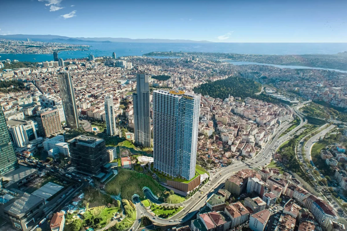 bird\\\'s-eye-view-of-luxurious-residential-skyscraper-at-the-heart-of-the-city-with-marmara-sea-landscape-in-daylight