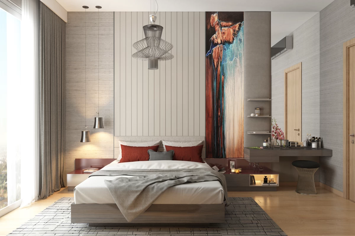 a-bedroom-with-grey-walls-designed-genuinely-with-bedside-tables-pendant-lights-air-conditioner-decorative-items-and-a-console-table