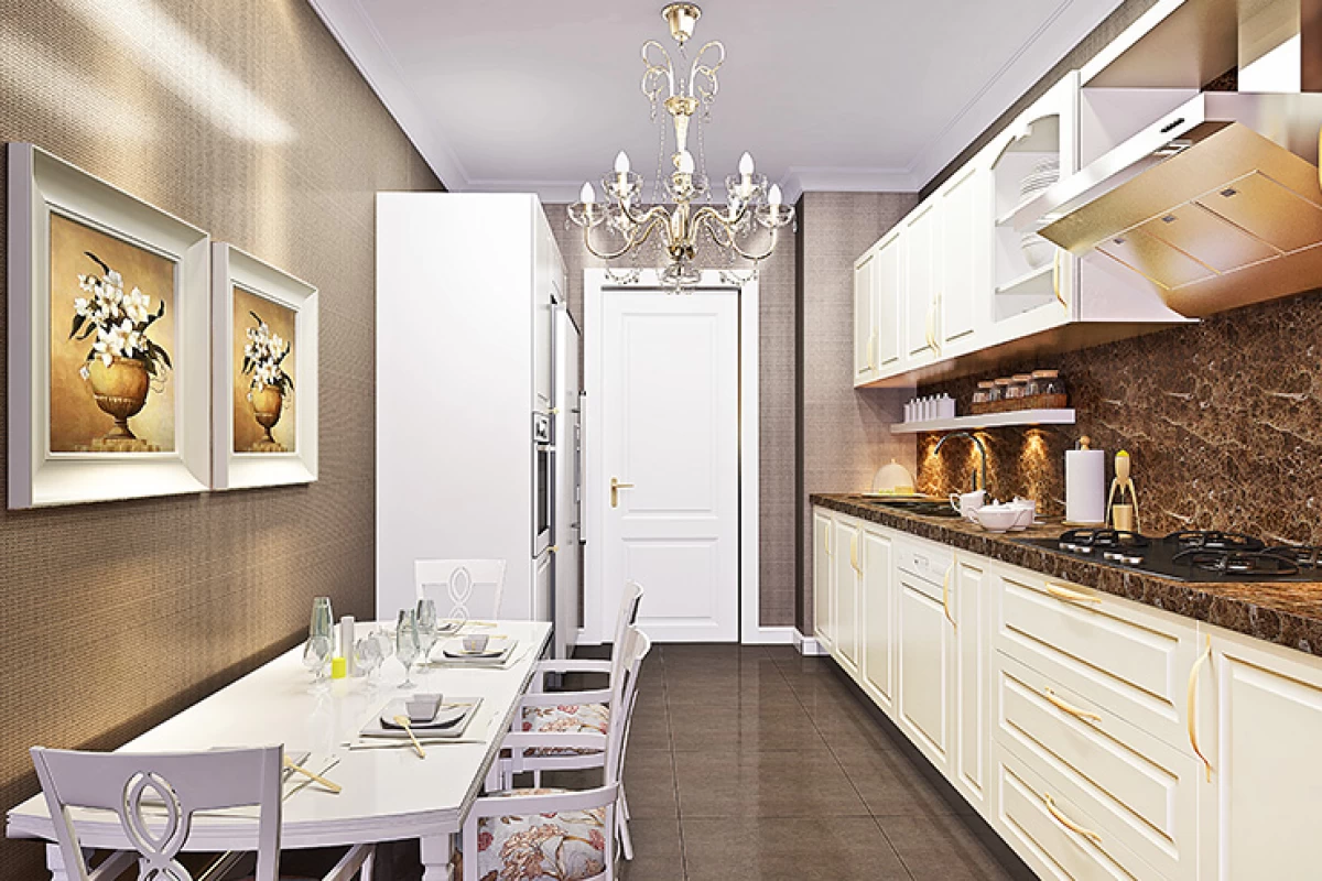 glamorous-kitchen-with-light-brown-walls-white-rectangular-table-with-four-chairs-on-left-and-white-kitchen-cabinets-on-right-side