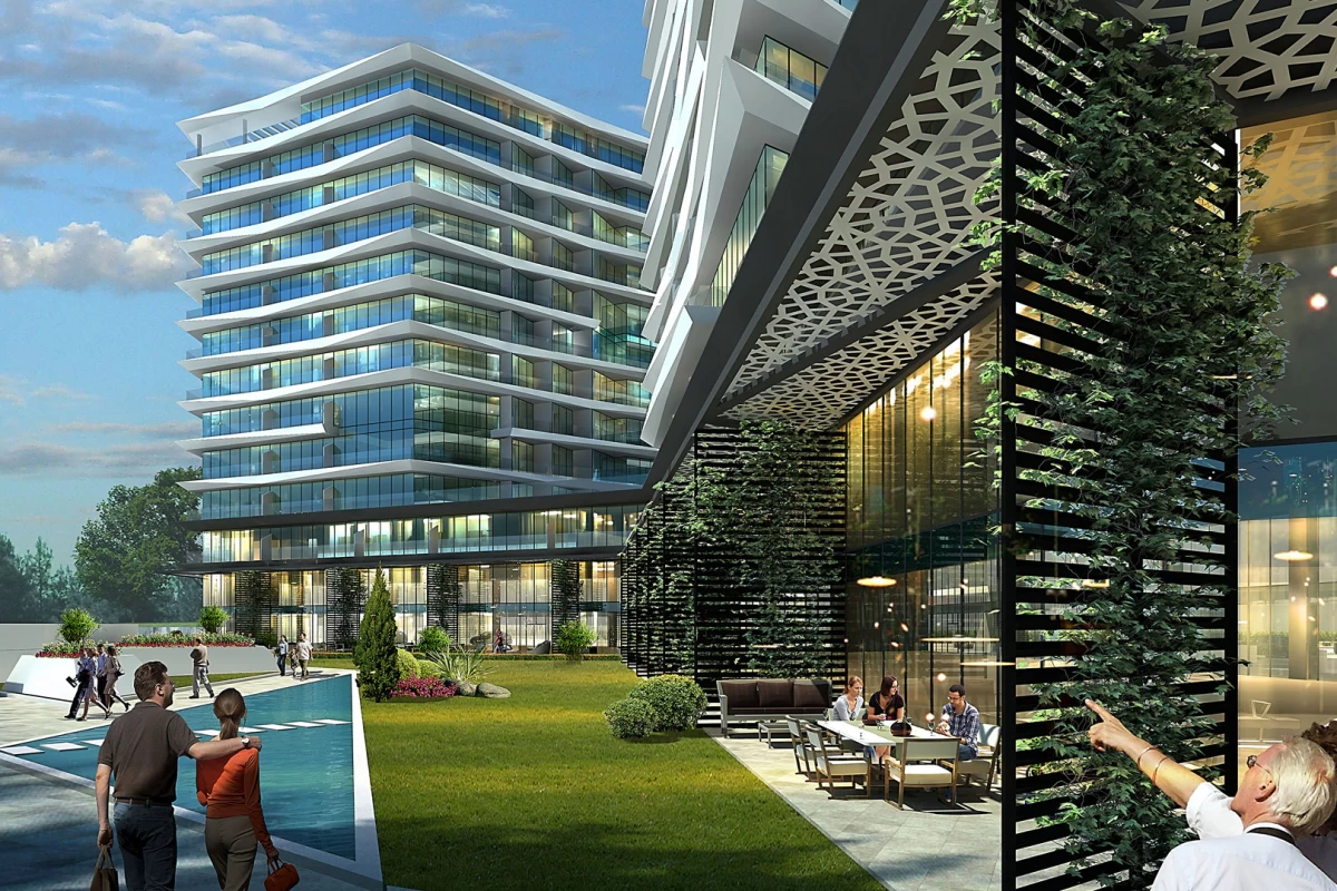 closer-look-at-the-residential-and-commercial-project-buildings-with-roaming-people-around-the-private-garden